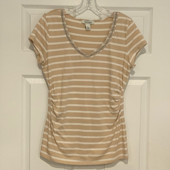 White House Black Market Tan Striped Short Sleeve Top - Picture 1 of 2